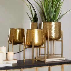 CosmoLiving by Cosmopolitan 10 in. x 17 in. Gold Metal Deep Recessed Dome Planter with Removable Stand (Set of 2) -Everbilt Sales Store gold cosmoliving by cosmopolitan plant pots 040457 31 1000