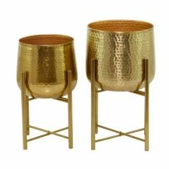 CosmoLiving by Cosmopolitan 10 in. x 17 in. Gold Metal Deep Recessed Dome Planter with Removable Stand (Set of 2)