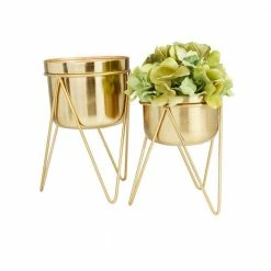 CosmoLiving by Cosmopolitan 10 in. x 7 in. Gold Metal Modern Planter (Set of 2) -Everbilt Sales Store gold cosmoliving by cosmopolitan plant pots 040776 c3 1000