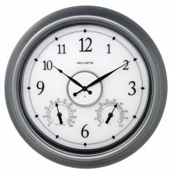 AcuRite 18 in. Pewter LED Illuminated Outdoor Wall Clock with Thermometer and Hygrometer