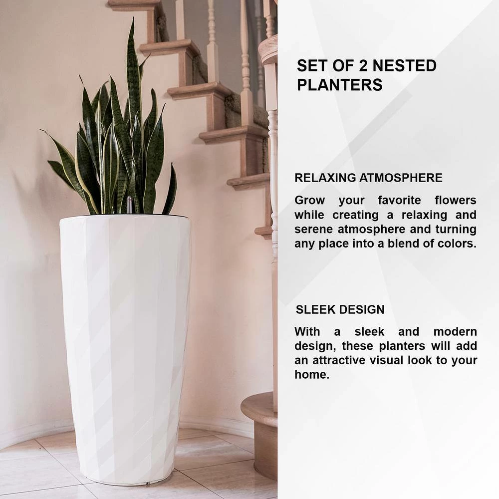 Xbrand 30 in. Tall White Plastic Nested Self Watering Indoor/Outdoor Diamond Look Round Planter Pot (Set of 2) 9 Xbrand 30 in. Tall White Plastic Nested Self Watering Indoor/Outdoor Diamond Look Round Planter Pot (Set of 2) - Image 9