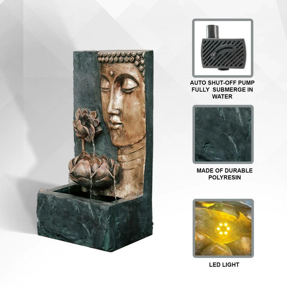 XBRAND 30 in. Tal, Bronze and Natural Grey Cascading Lotus Buddha Face Indoor Outdoor Zen Water Fountain with LED Light 6 XBRAND 30 in. Tal, Bronze and Natural Grey Cascading Lotus Buddha Face Indoor Outdoor Zen Water Fountain with LED Light - Image 6