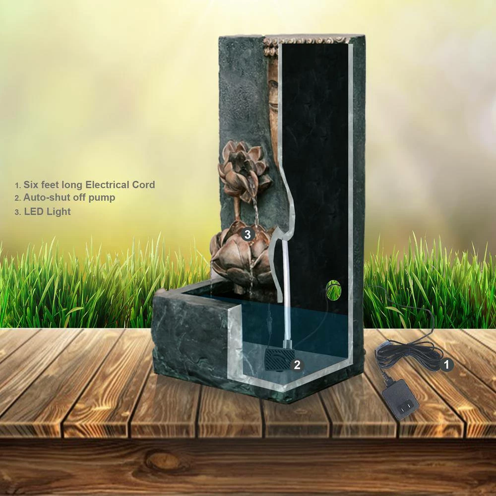 XBRAND 30 in. Tal, Bronze and Natural Grey Cascading Lotus Buddha Face Indoor Outdoor Zen Water Fountain with LED Light 7 XBRAND 30 in. Tal, Bronze and Natural Grey Cascading Lotus Buddha Face Indoor Outdoor Zen Water Fountain with LED Light - Image 7