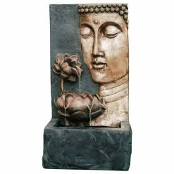 XBRAND 30 in. Tal, Bronze and Natural Grey Cascading Lotus Buddha Face Indoor Outdoor Zen Water Fountain with LED Light