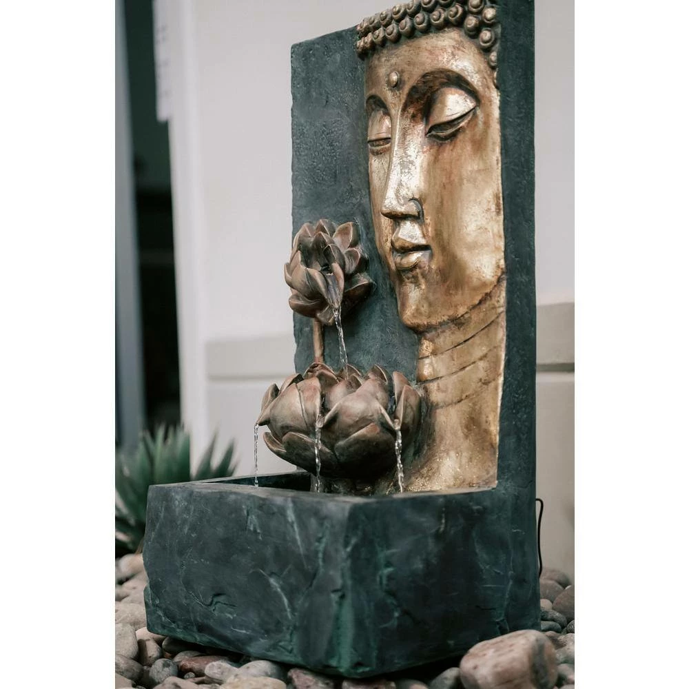 XBRAND 30 in. Tal, Bronze and Natural Grey Cascading Lotus Buddha Face Indoor Outdoor Zen Water Fountain with LED Light 9 XBRAND 30 in. Tal, Bronze and Natural Grey Cascading Lotus Buddha Face Indoor Outdoor Zen Water Fountain with LED Light - Image 9