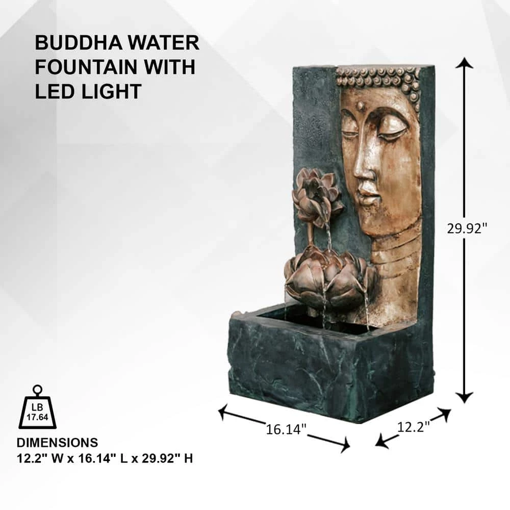 XBRAND 30 in. Tal, Bronze and Natural Grey Cascading Lotus Buddha Face Indoor Outdoor Zen Water Fountain with LED Light 5 XBRAND 30 in. Tal, Bronze and Natural Grey Cascading Lotus Buddha Face Indoor Outdoor Zen Water Fountain with LED Light - Image 5