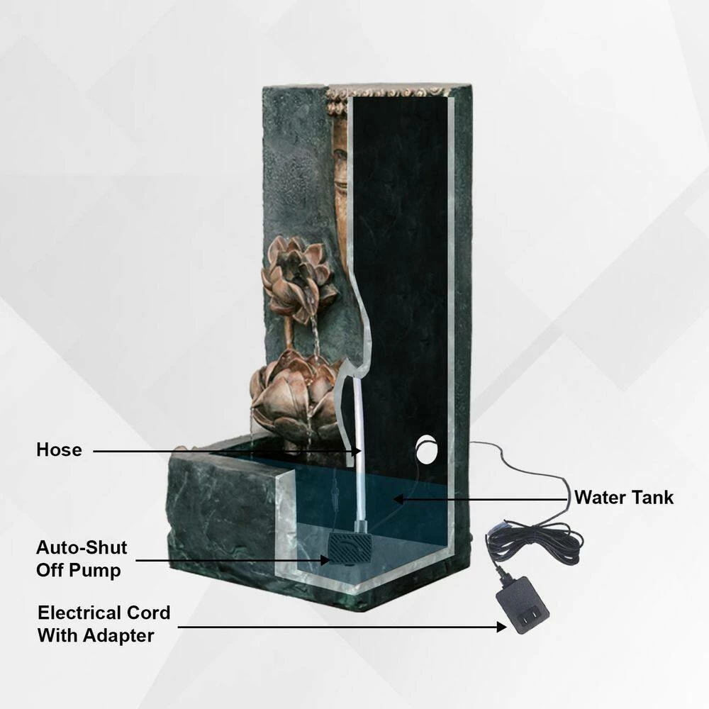 XBRAND 30 in. Tal, Bronze and Natural Grey Cascading Lotus Buddha Face Indoor Outdoor Zen Water Fountain with LED Light 10 XBRAND 30 in. Tal, Bronze and Natural Grey Cascading Lotus Buddha Face Indoor Outdoor Zen Water Fountain with LED Light - Image 10